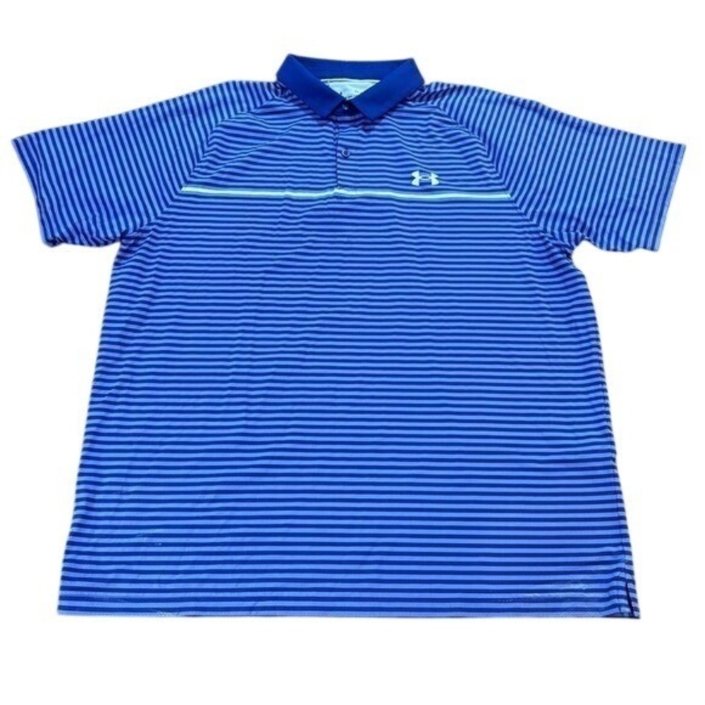UNDER ARMOUR Mens XL Blue Striped Iso Chill HeatGear Golf Polo Shirt Performance